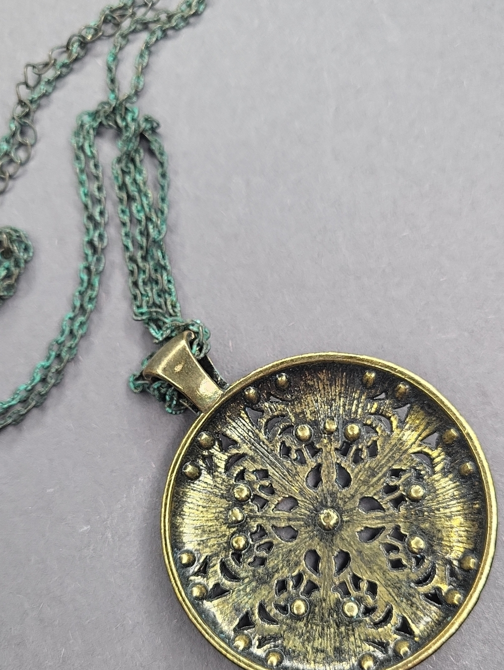 Antique-Style Gold & Teal Filigree Pendant Necklace - Picture 3 of 4